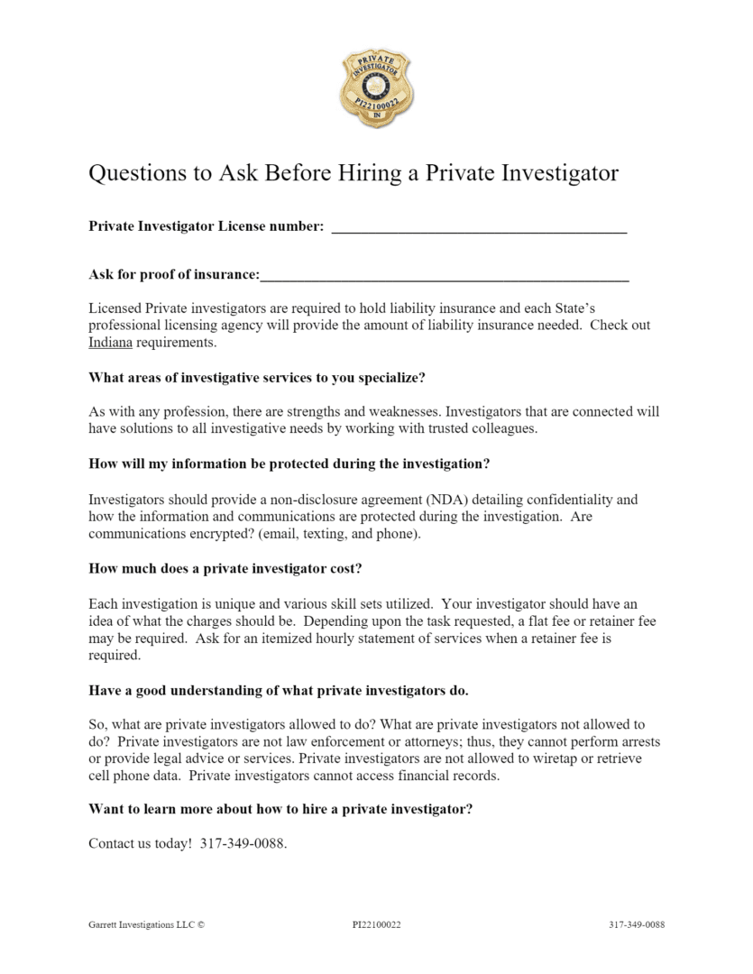 A page of questions to ask before hiring a private investigator.