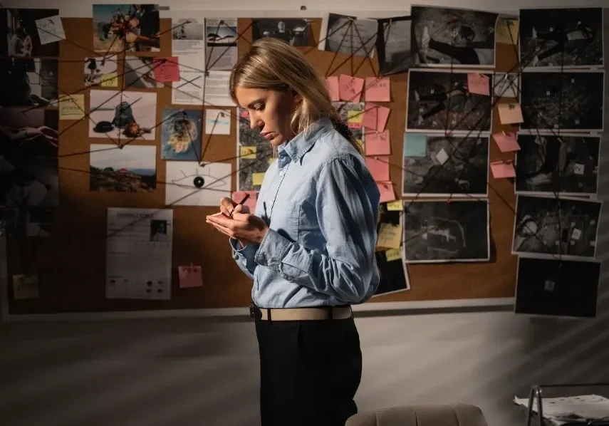 A woman standing in front of a wall with papers on it.